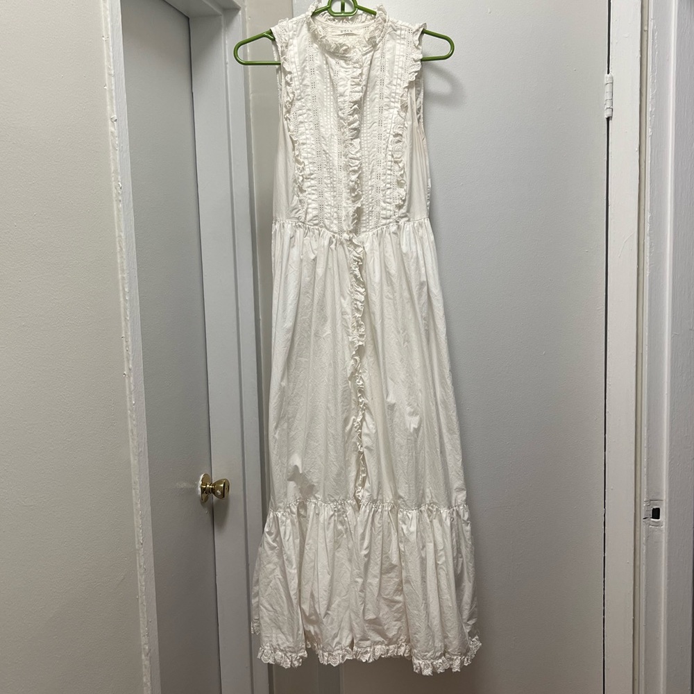 Doen White Cotton Poplin Eyelet Midi Dress